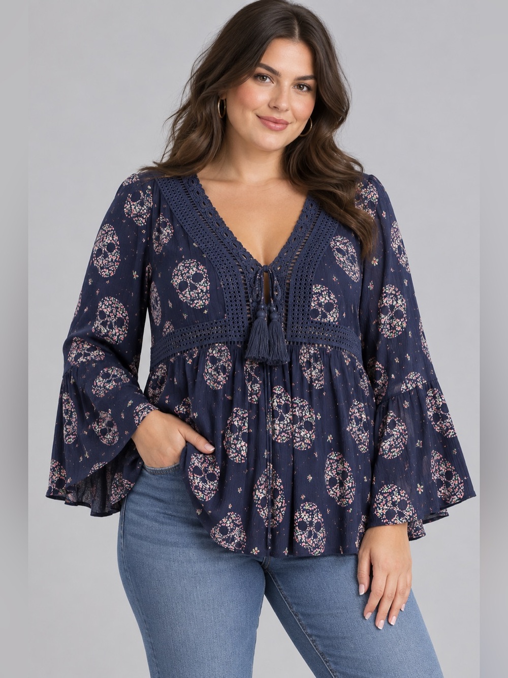 Torrid Navy Floral Skull Babydoll Tunic Top 00 Crochet Bell Sleeve Boho
